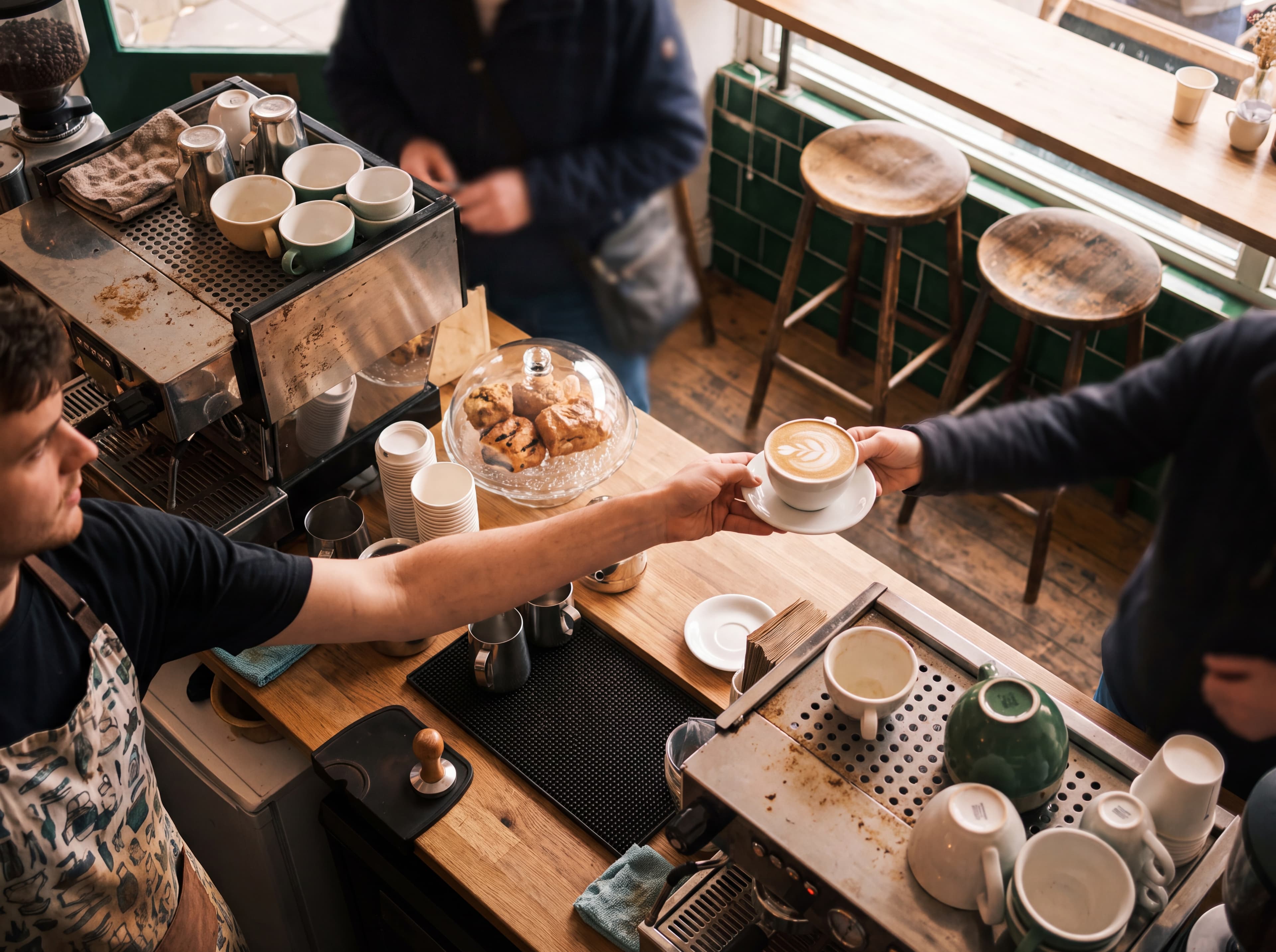 Owner handing a coffee across the counter of a busy café